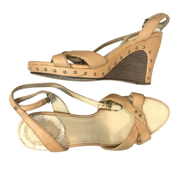 UGG Australia Tan Leather Wedge Sandals Shearling Footbed Studded Size 8.5 - Picture 12 of 12